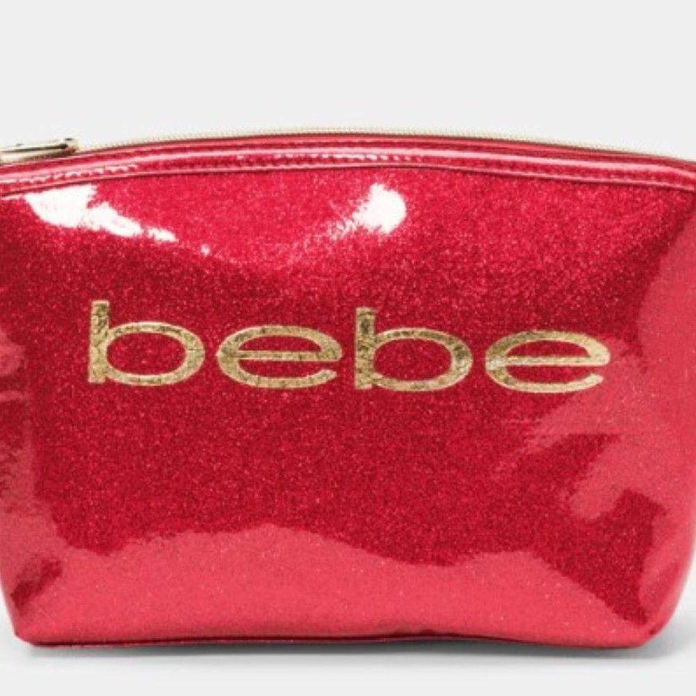 👝NWT Bebe Metallic Red/Gold Logo Cosmetic Travel Bag